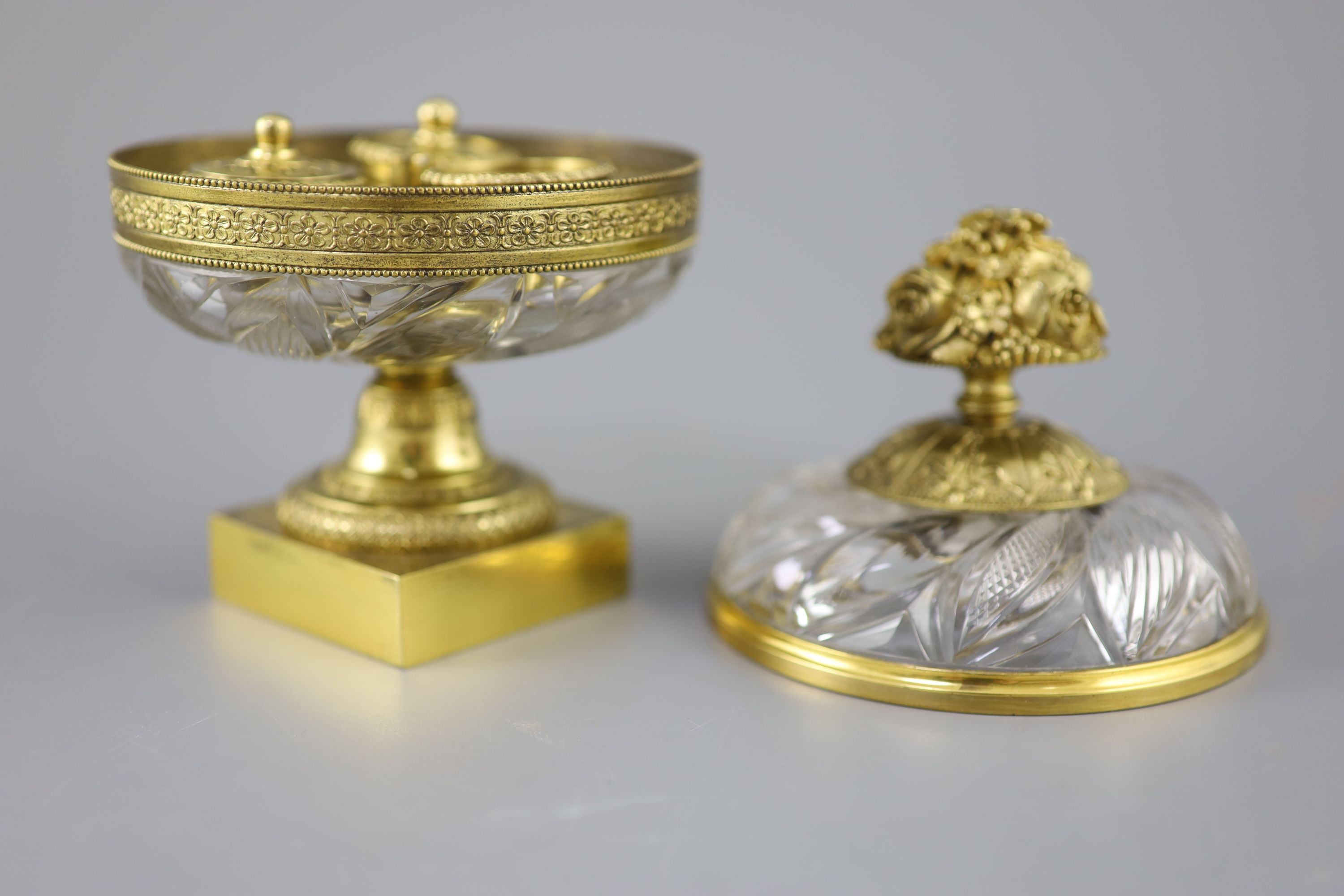 A French cut glass and ormolu urn shaped ink stand, second quarter 19th century, 17cm high